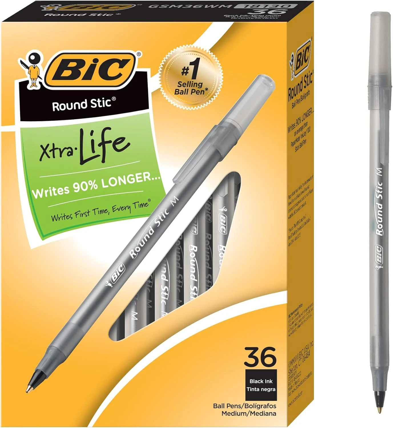 BIC Round Stic Xtra Life Ball Point Pen, Black, 36 Pack