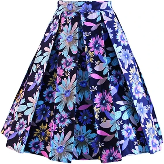 Dressever Women's Vintage A-line Printed Pleated Flared Midi Skirts