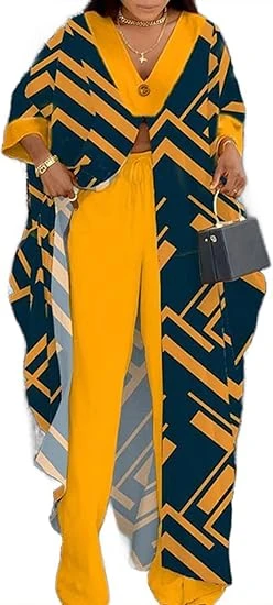 Women African 2 Piece Outfits Button V-Neck Long Plus Size Split Caftans Wide Le