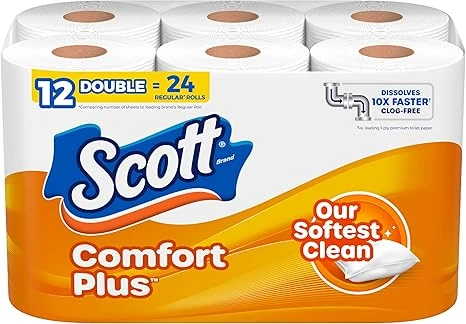 Scott ComfortPlus Toilet Paper, 12 Double Rolls, 231 Sheets per Roll, Septic-Saf